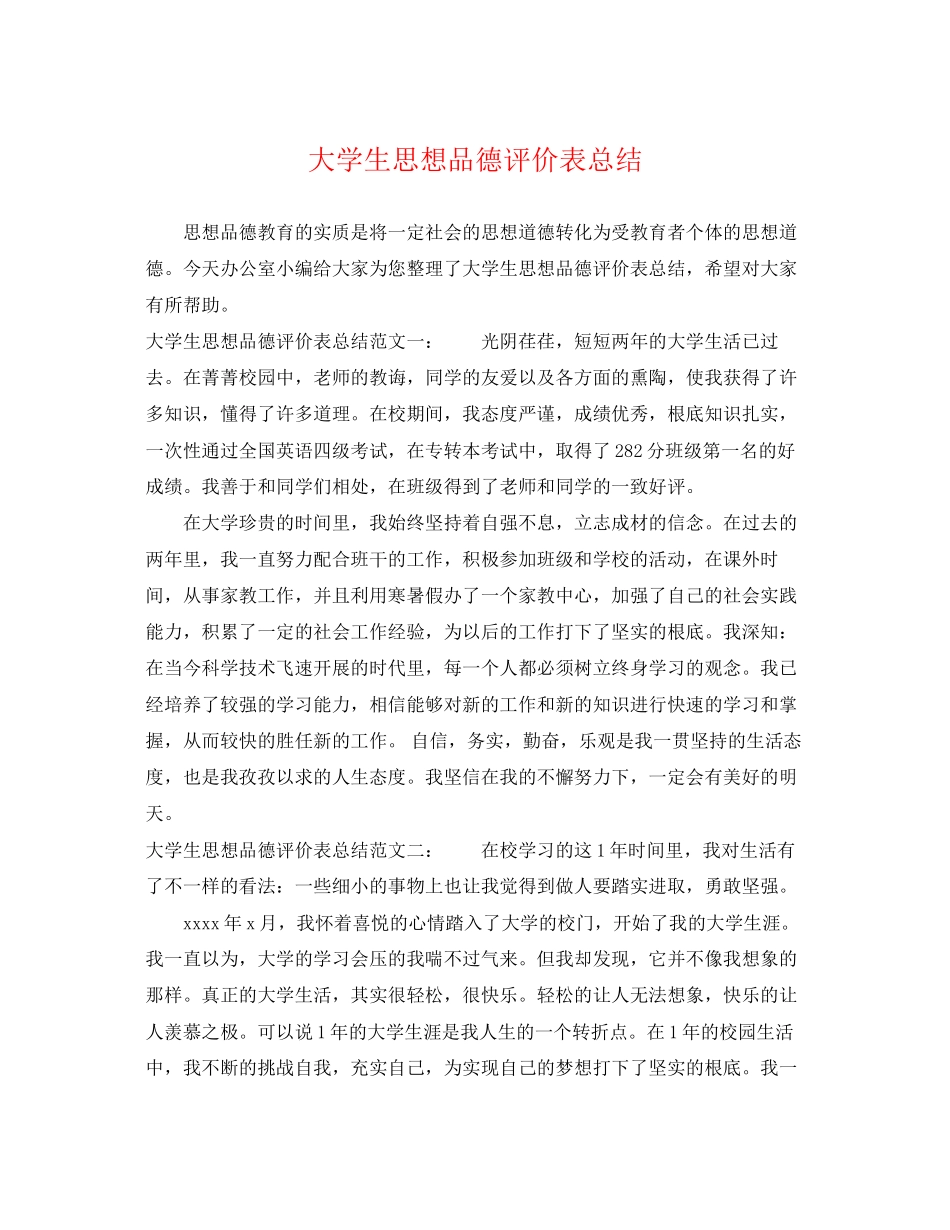 2023年大学生思想品德评价表总结.docx_第1页