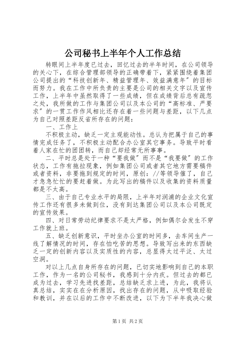 2023年公司秘书上半年个人工作总结.docx_第1页