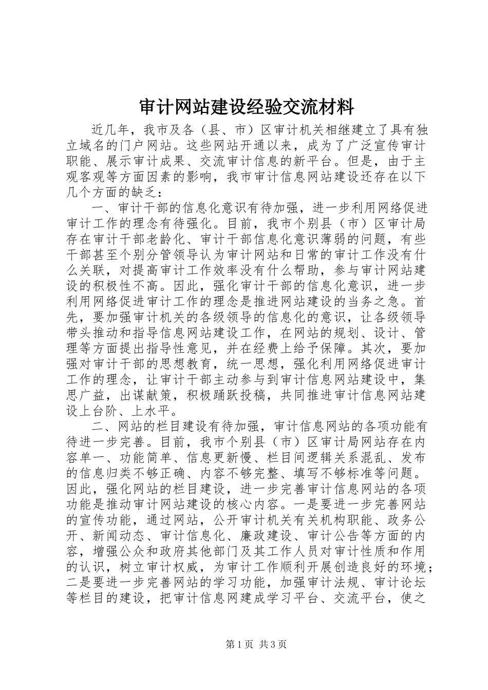 2023年审计网站建设经验交流材料.docx_第1页