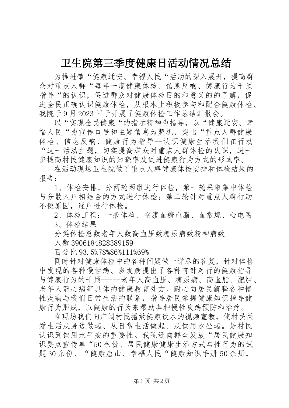 2023年卫生院第三季度健康日活动情况总结.docx_第1页