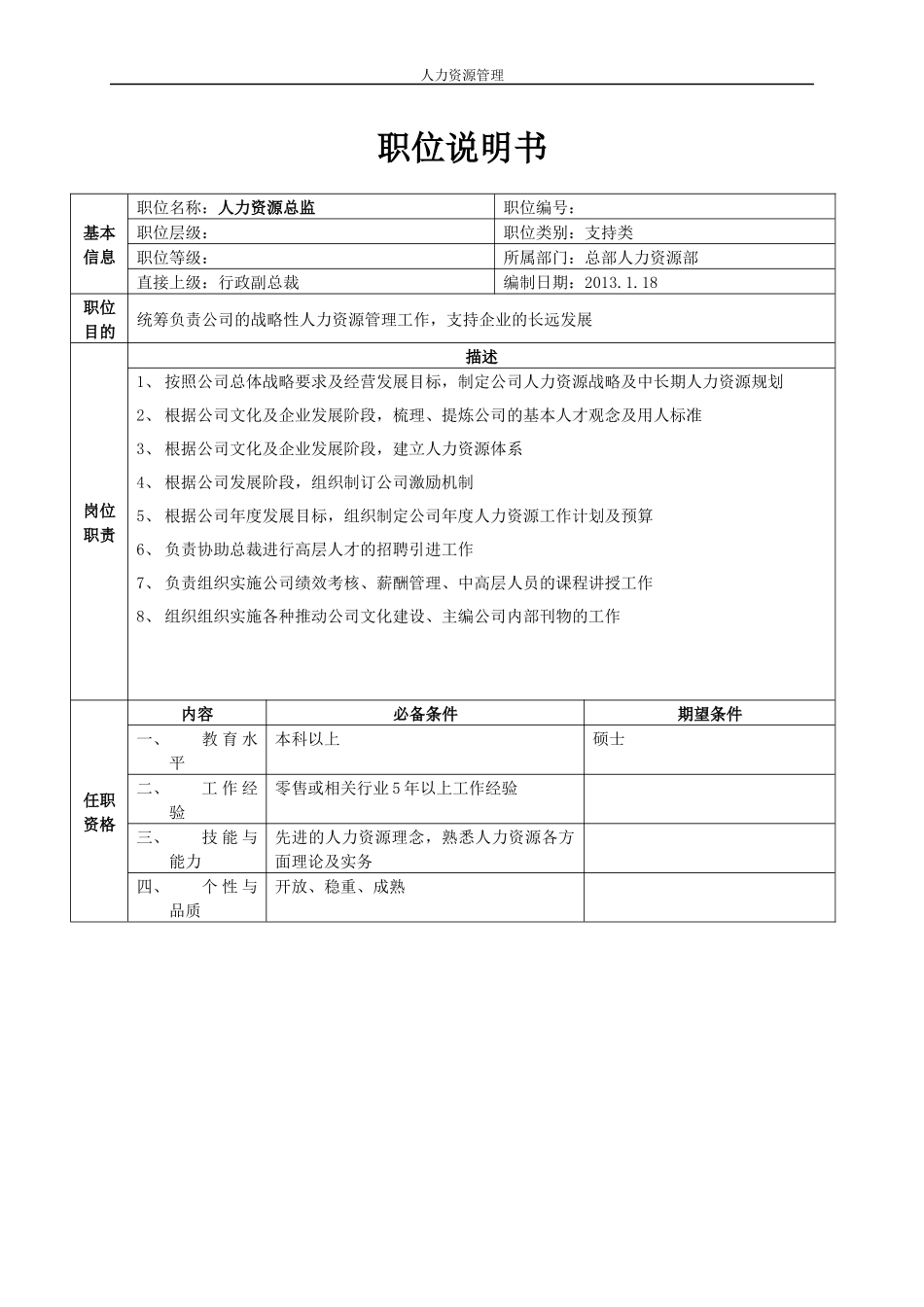 人力资源管理 企业管理 岗位说明 总部人力资源职位说明书（中高层）.docx_第1页