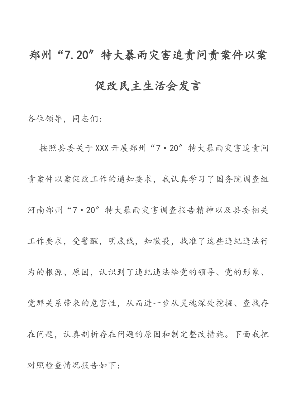 2023年郑州“7.20”特大暴雨灾害追责问责案件以案促改民主生活会发言.docx_第1页