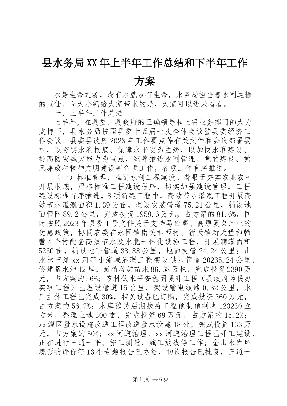 2023年县水务局上半年工作总结和下半年工作计划.docx_第1页