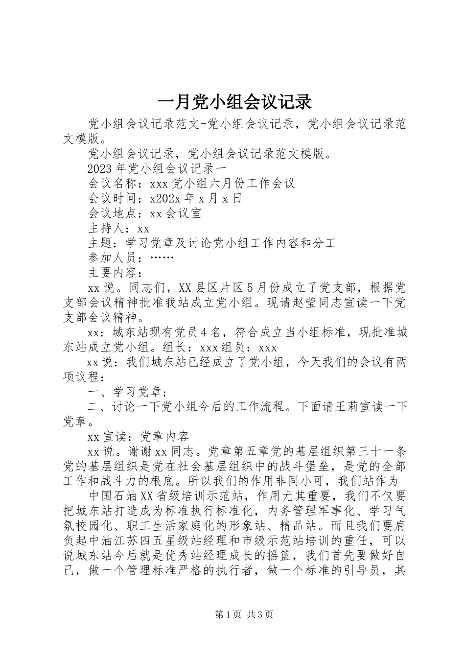 2023年一月党小组会议记录.docx_第1页