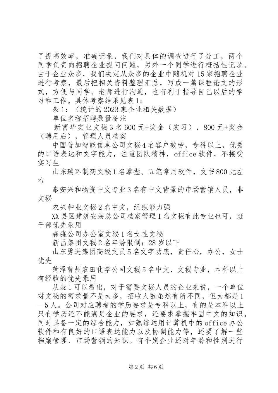 2023年《XX省农林水类毕业生就业市场秘书人才需求考察及体会》新编.docx_第2页