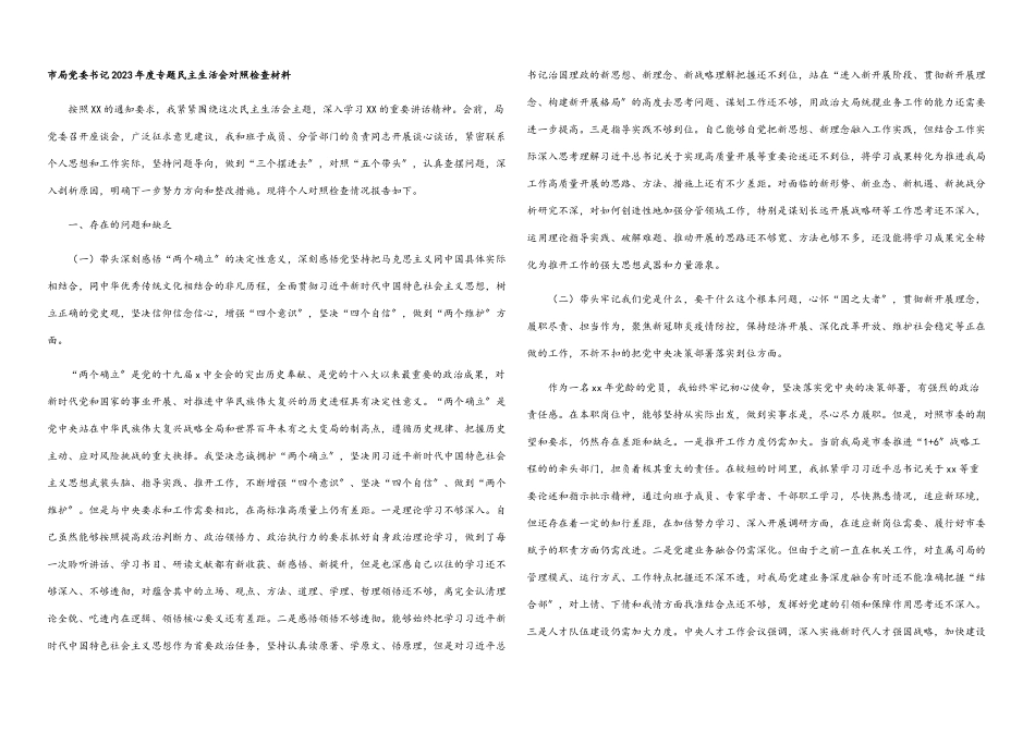 市局党委书记2023年度专题民主生活会对照检查材料.docx_第1页