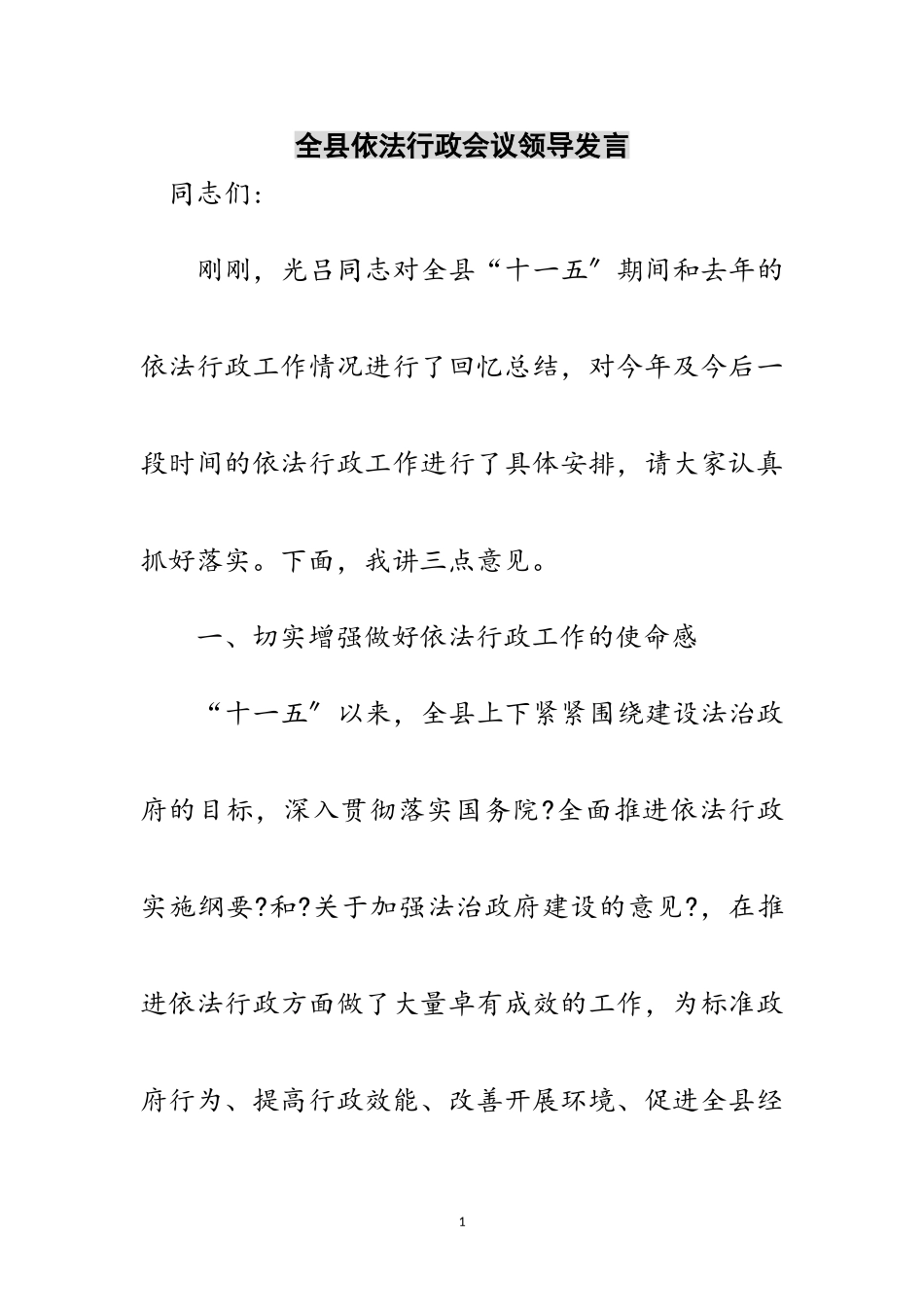 2023年全县依法行政会议领导发言范文.doc_第1页