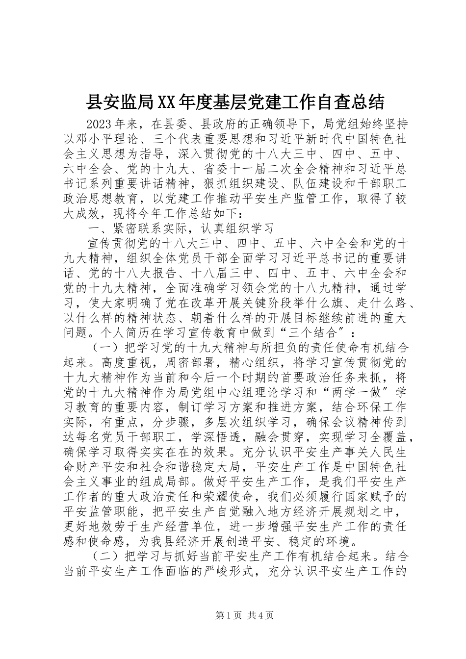 2023年县安监局度基层党建工作自查总结.docx_第1页