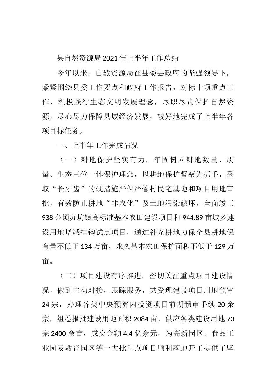 县自然资源局 2021年上半年工作总结.doc_第1页