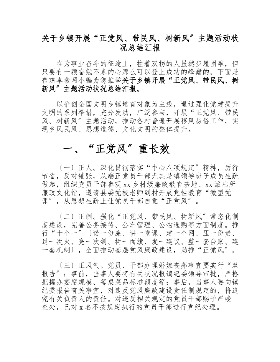 2023年乡镇开展“正党风、带民风、树新风”主题活动情况总结汇报.doc_第1页