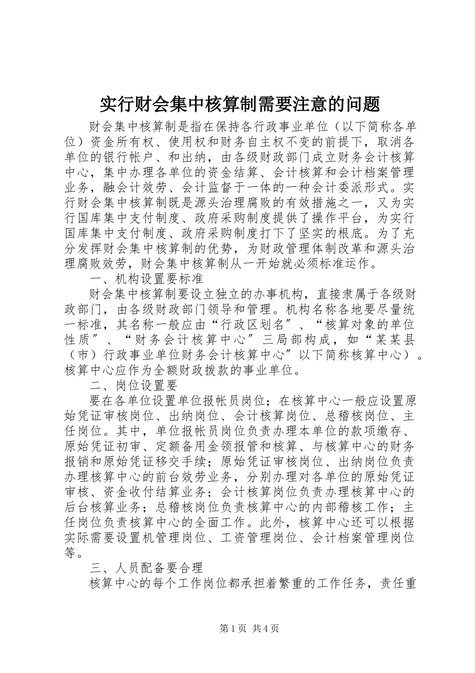 2023年实行财会集中核算制需要注意的问题.docx_第1页