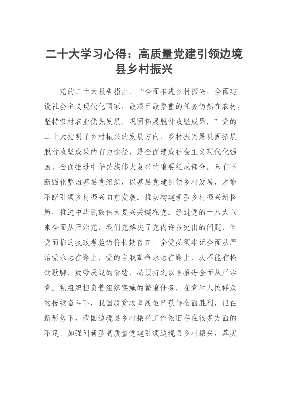 二十大学习心得：高质量党建引领边境县乡村振兴 .docx_第1页