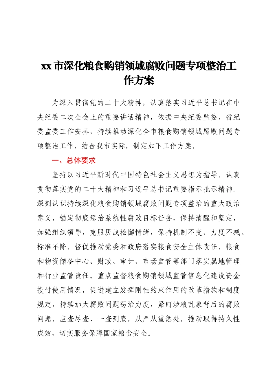 xx市深化粮食购销领域腐败问题专项整治工作方案.docx_第1页