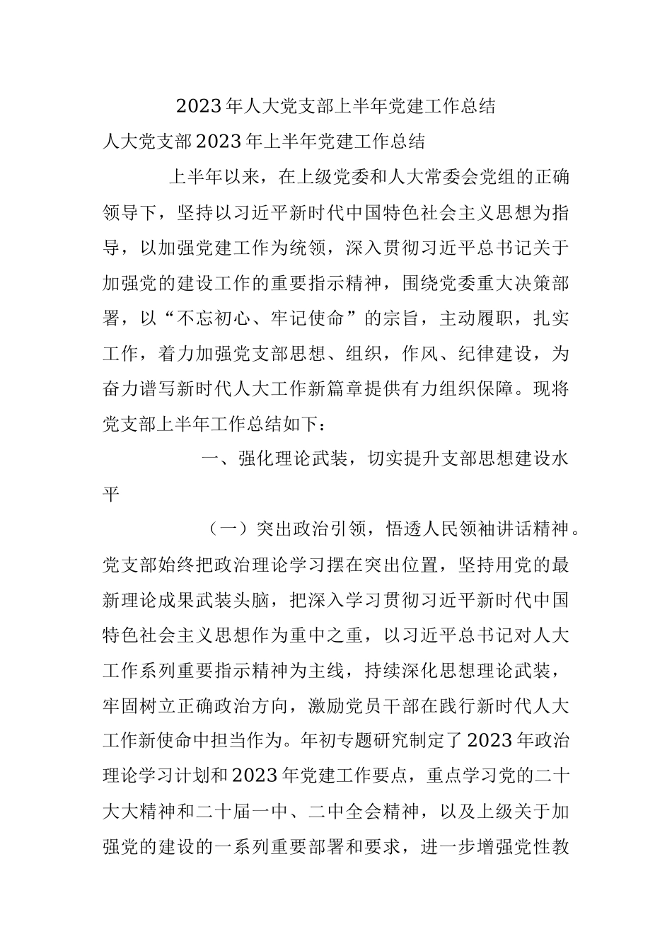 2023年人大党支部上半年党建工作总结.docx_第1页