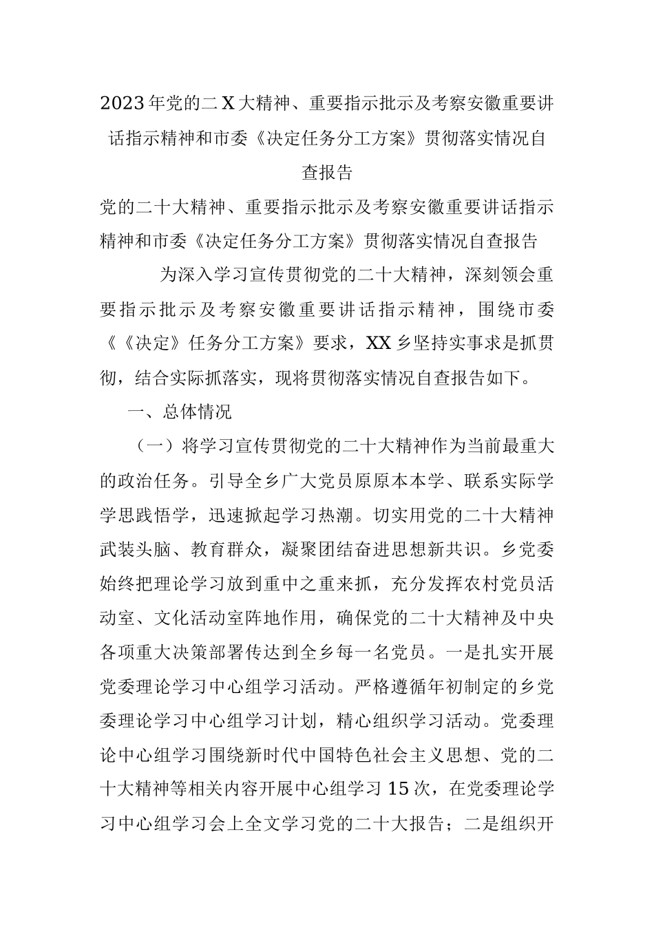 2023年党的二X大精神、重要指示批示及考察安徽重要讲话指示精神和市委《决定任务分工方案》贯彻落实情况自查报告.docx_第1页