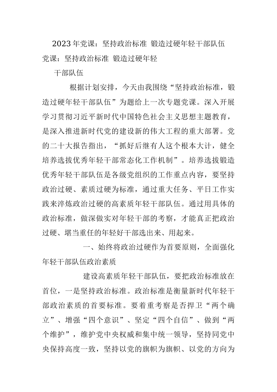 2023年党课：坚持政治标准 锻造过硬年轻干部队伍.docx_第1页