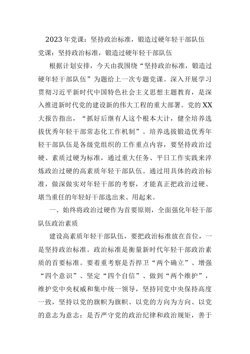 2023年党课：坚持政治标准锻造过硬年轻干部队伍.docx_第1页