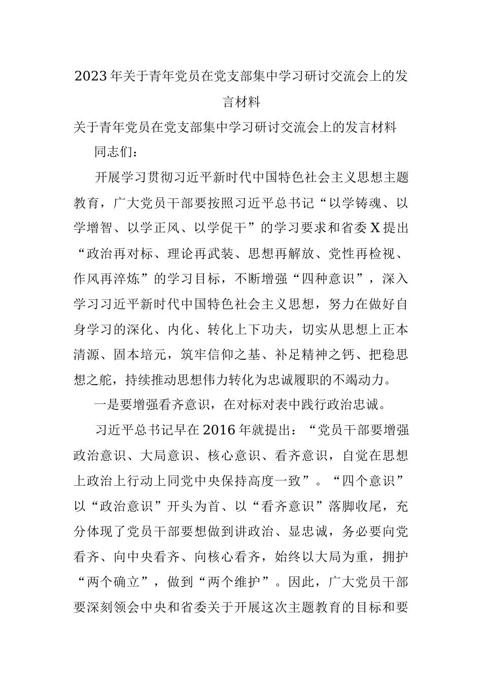 2023年关于青年党员在党支部集中学习研讨交流会上的发言材料.docx_第1页