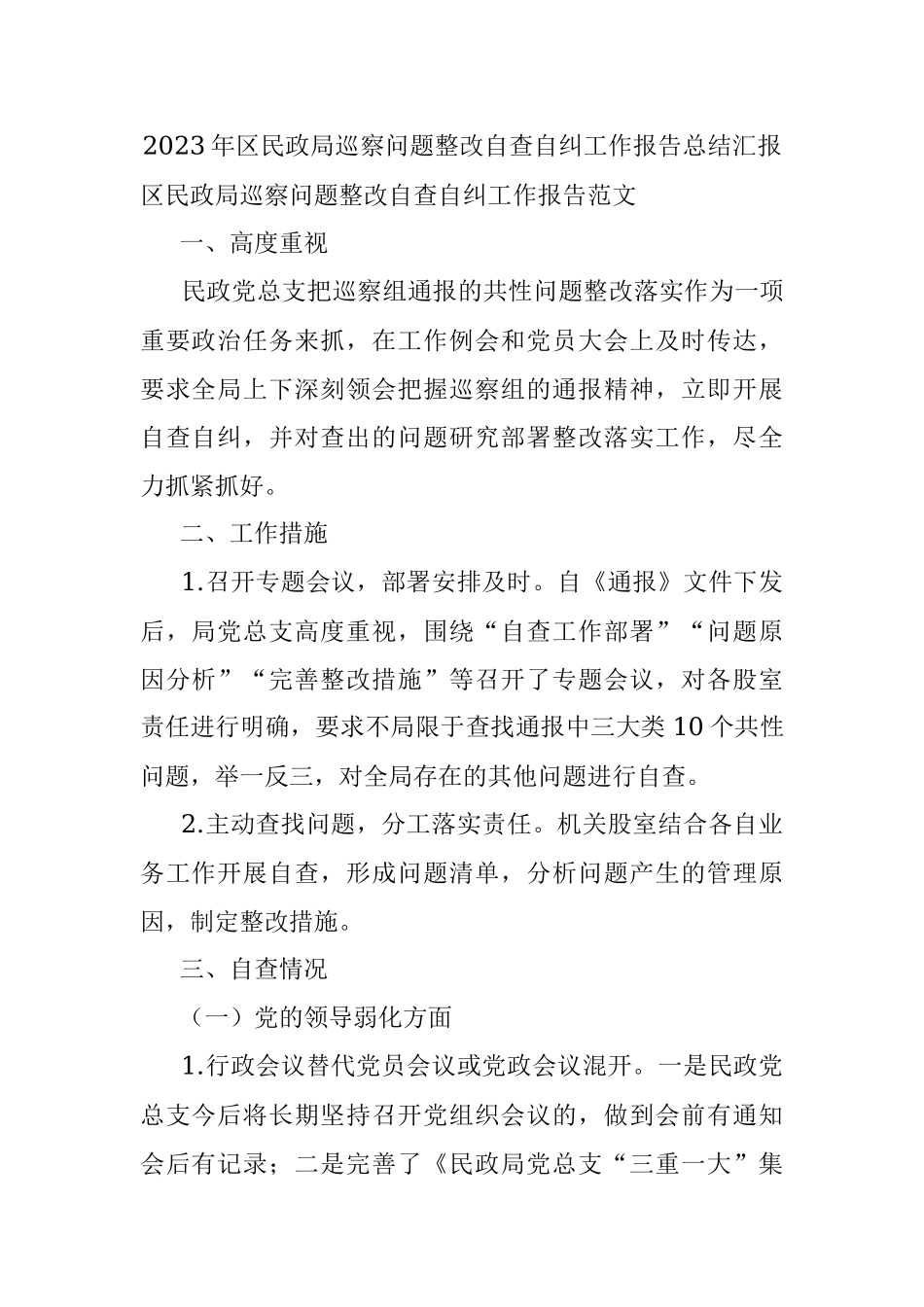 2023年区民政局巡察问题整改自查自纠工作报告总结汇报.docx_第1页