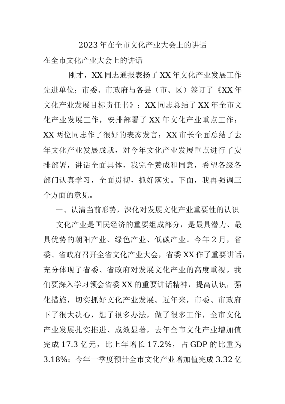 2023年在全市文化产业大会上的讲话.docx_第1页