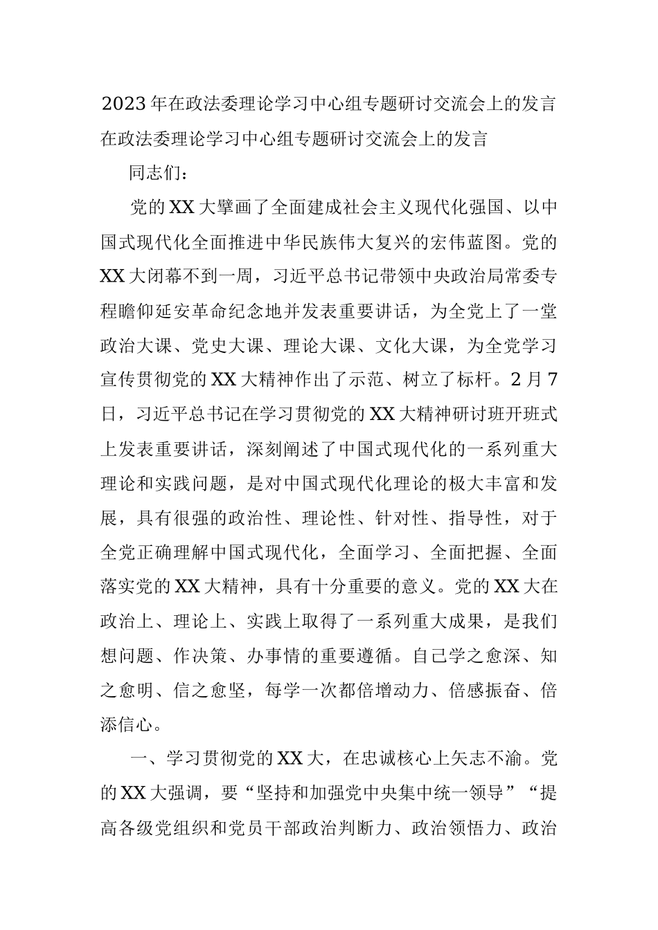 2023年在政法委理论学习中心组专题研讨交流会上的发言.docx_第1页