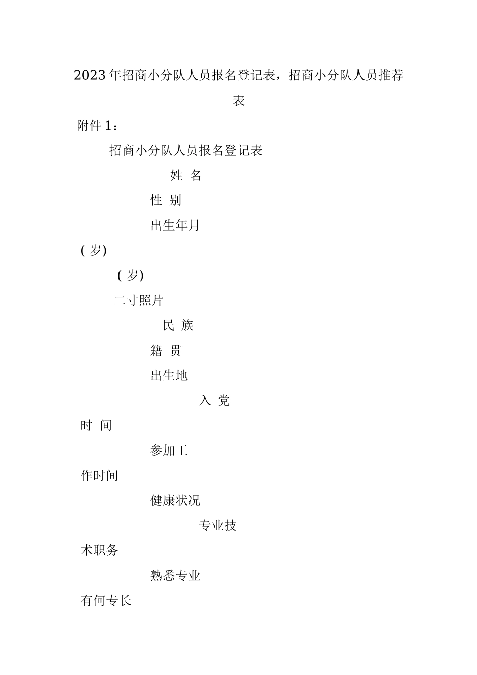 2023年招商小分队人员报名登记表招商小分队人员推荐表.docx_第1页