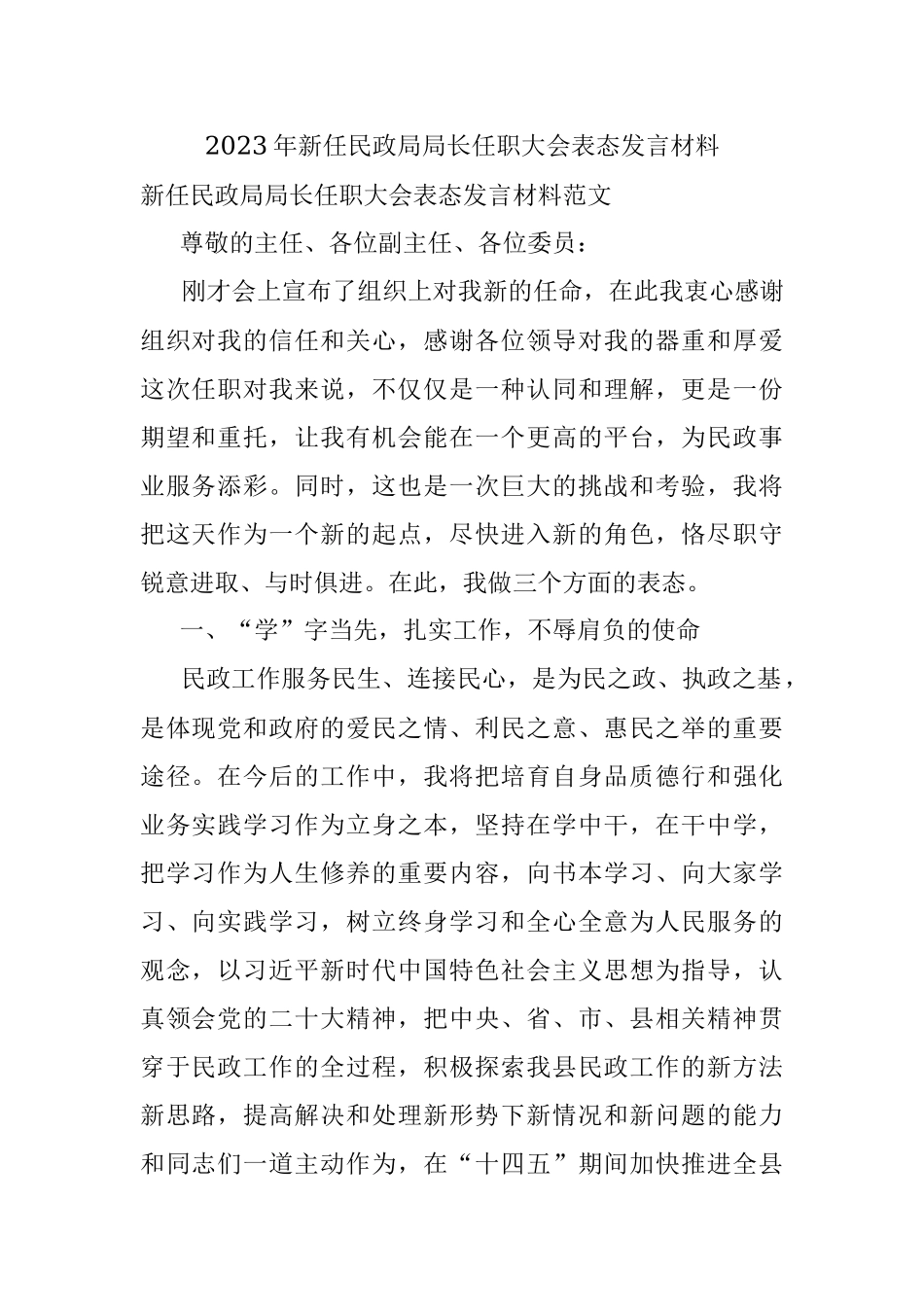 2023年新任民政局局长任职大会表态发言材料.docx_第1页