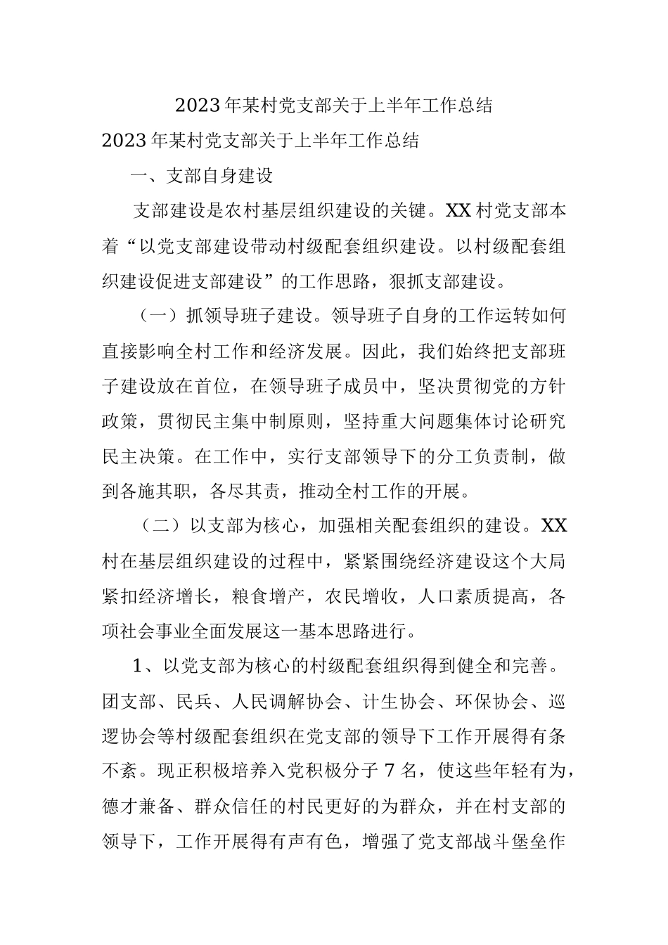 2023年某村党支部关于上半年工作总结.docx_第1页