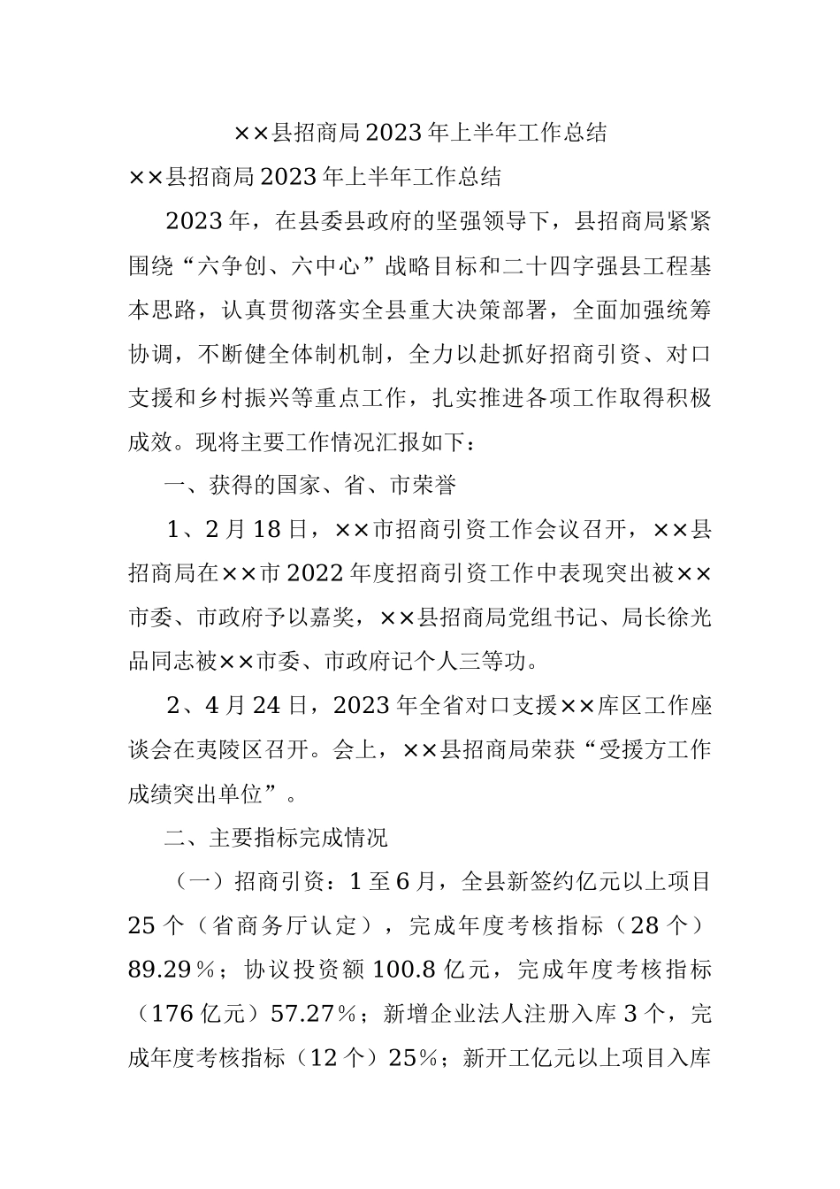 ××县招商局2023年上半年工作总结.docx_第1页