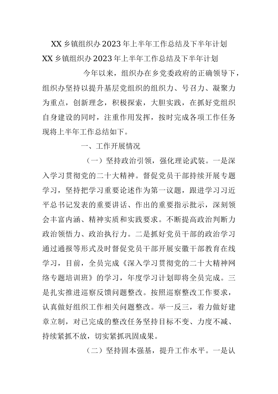 XX乡镇组织办2023年上半年工作总结及下半年计划.docx_第1页