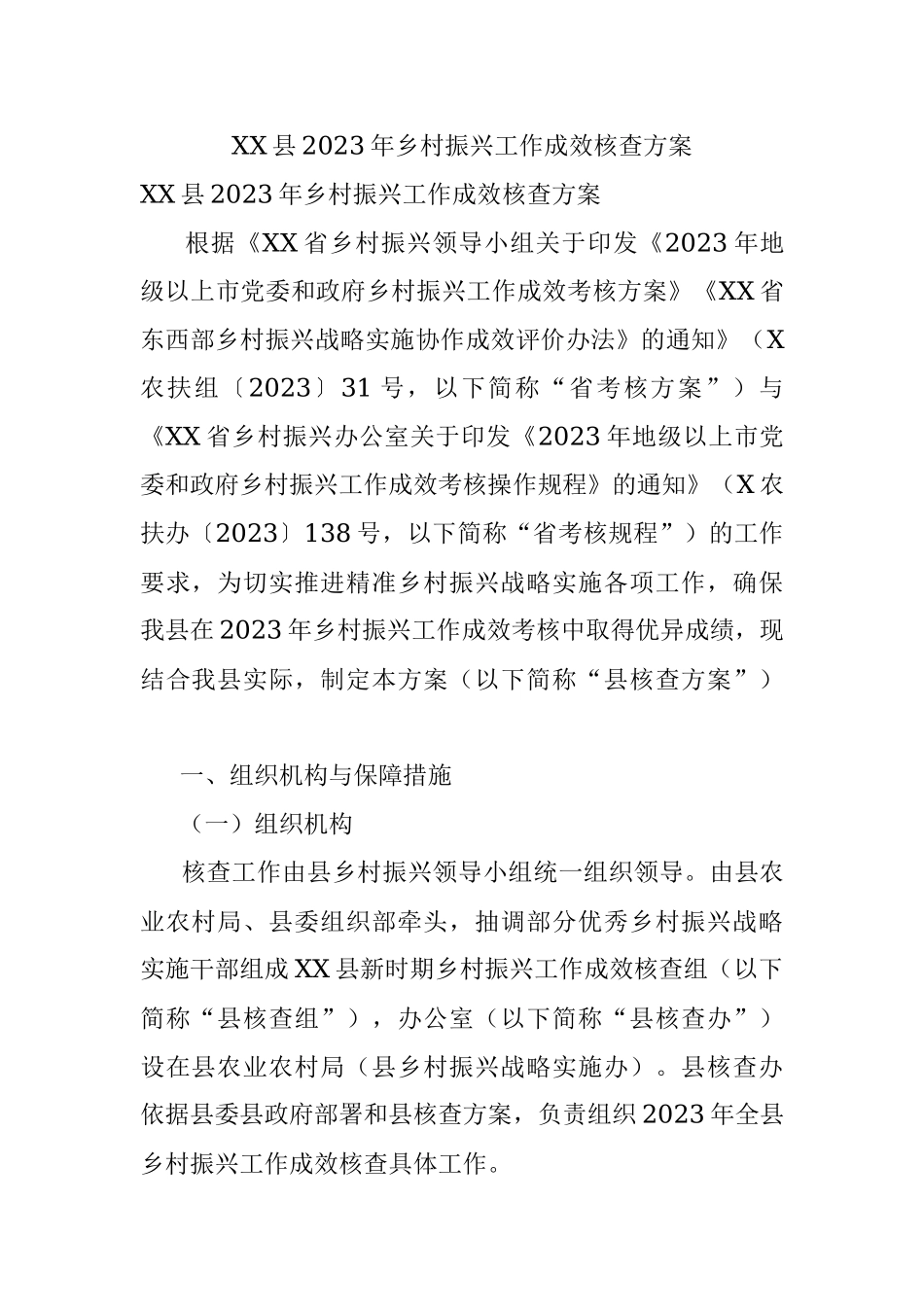 XX县2023年乡村振兴工作成效核查方案.docx_第1页