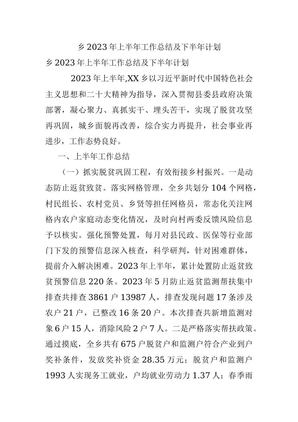 乡2023年上半年工作总结及下半年计划.docx_第1页