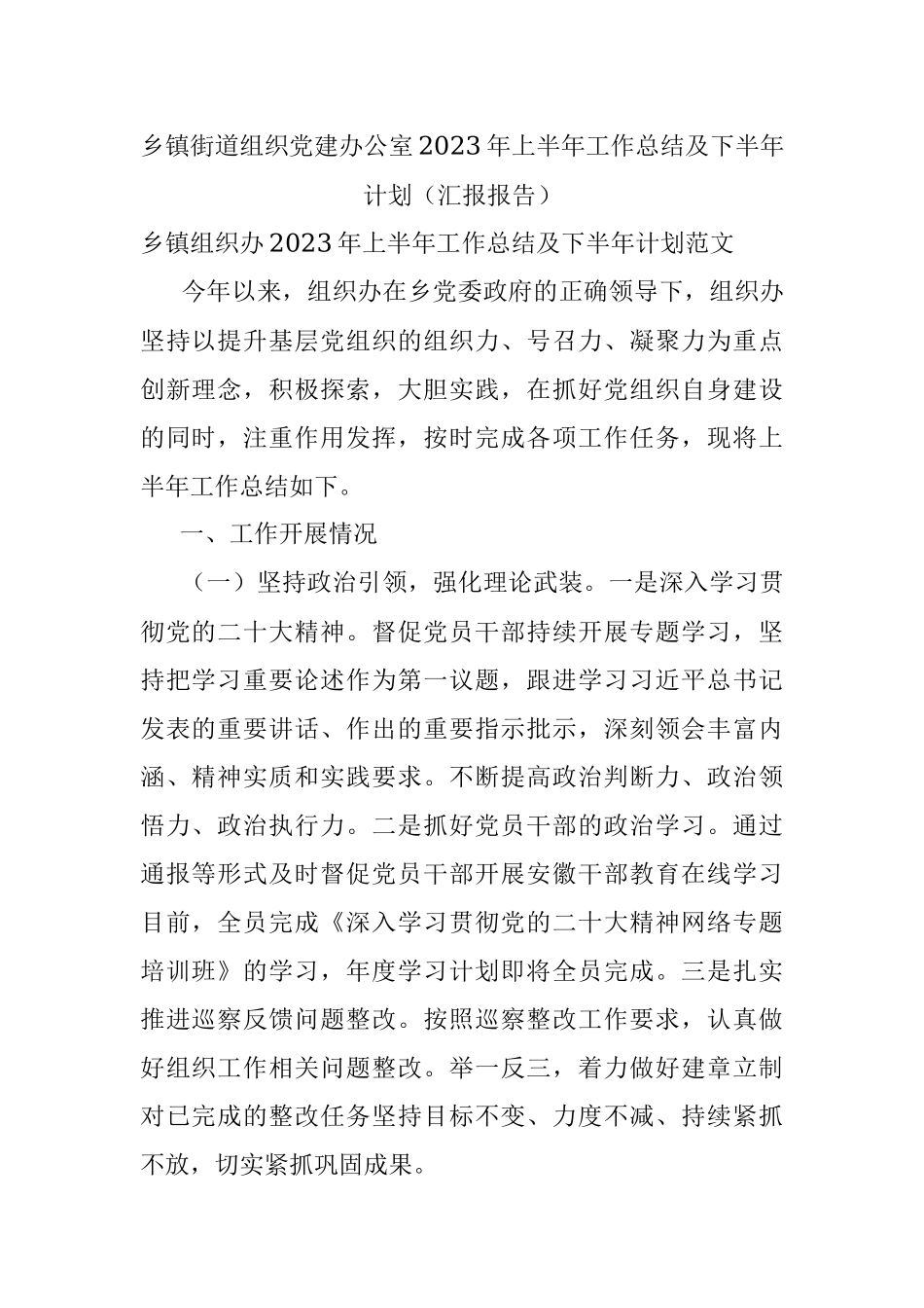 乡镇街道组织党建办公室2023年上半年工作总结及下半年计划（汇报报告）.docx_第1页