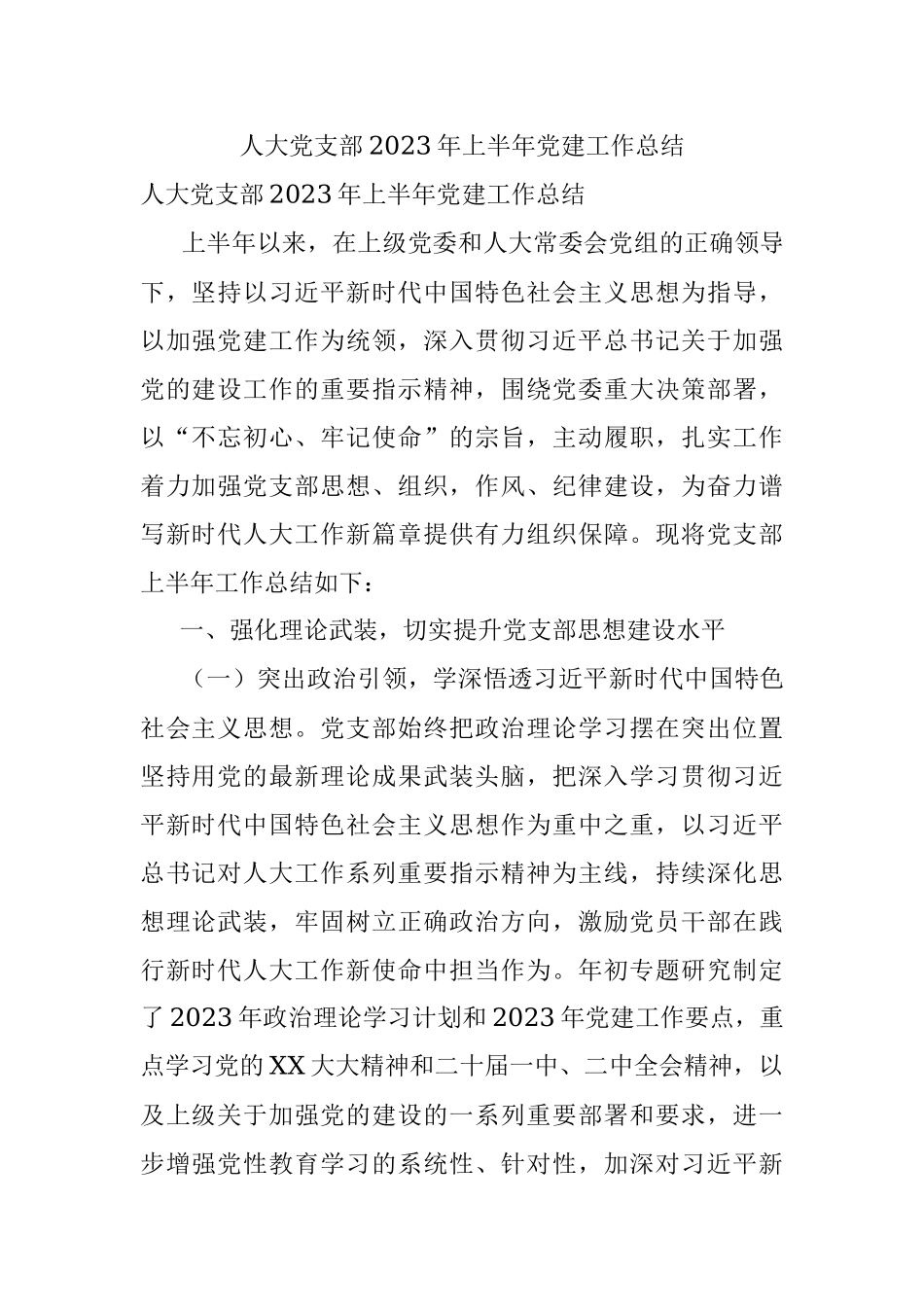 人大党支部2023年上半年党建工作总结.docx_第1页