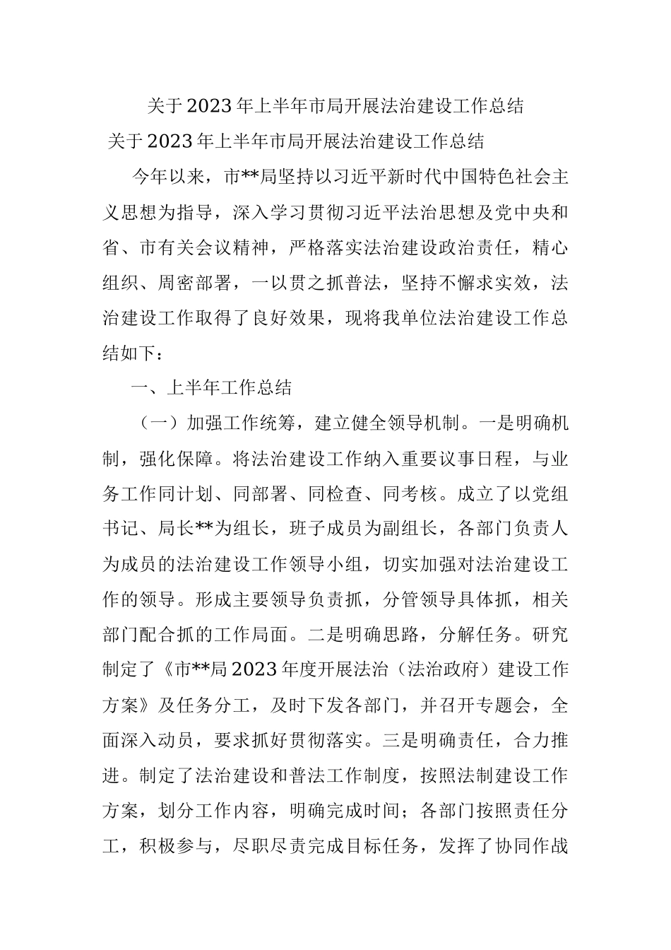 关于2023年上半年市局开展法治建设工作总结.docx_第1页