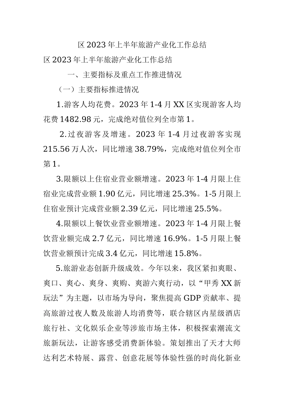 区2023年上半年旅游产业化工作总结.docx_第1页