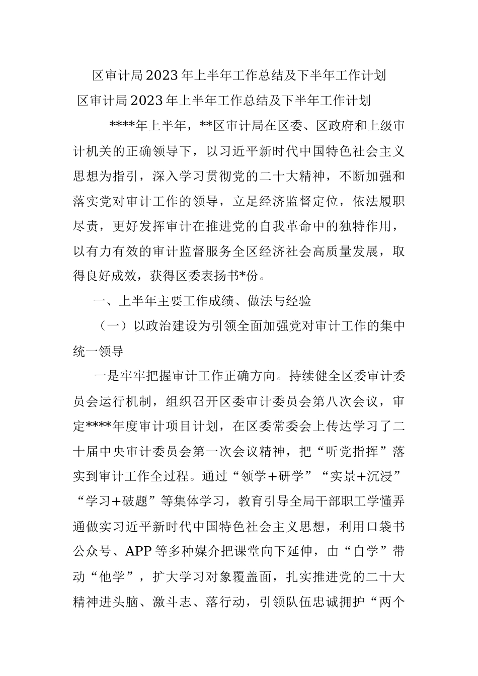 区审计局2023年上半年工作总结及下半年工作计划.docx_第1页