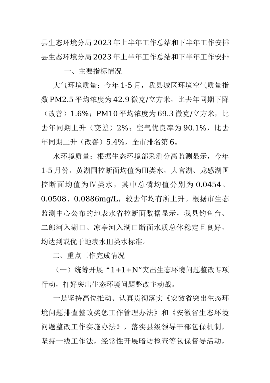 县生态环境分局2023年上半年工作总结和下半年工作安排.docx_第1页