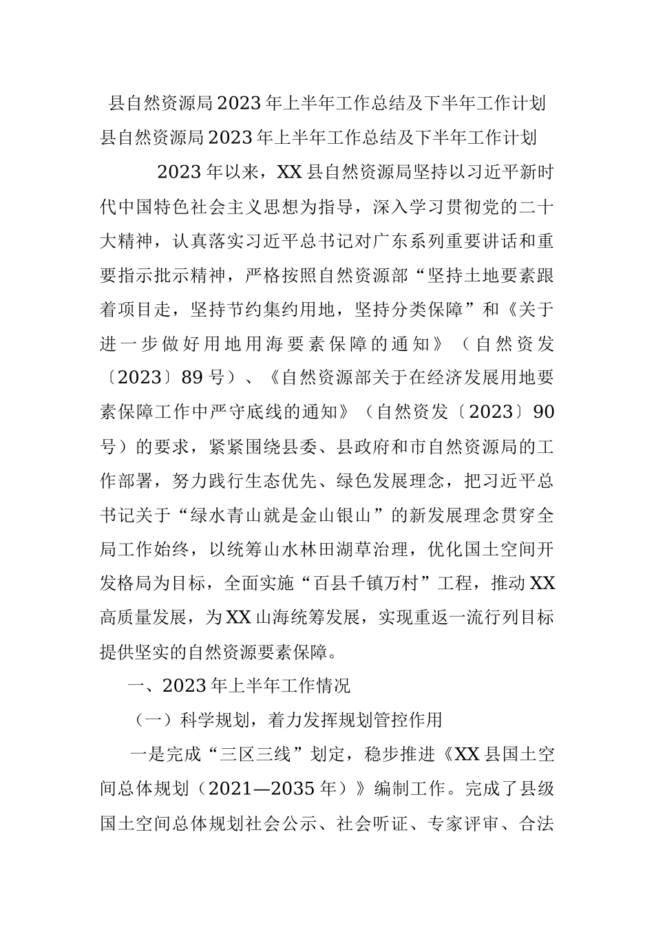 县自然资源局2023年上半年工作总结及下半年工作计划.docx_第1页