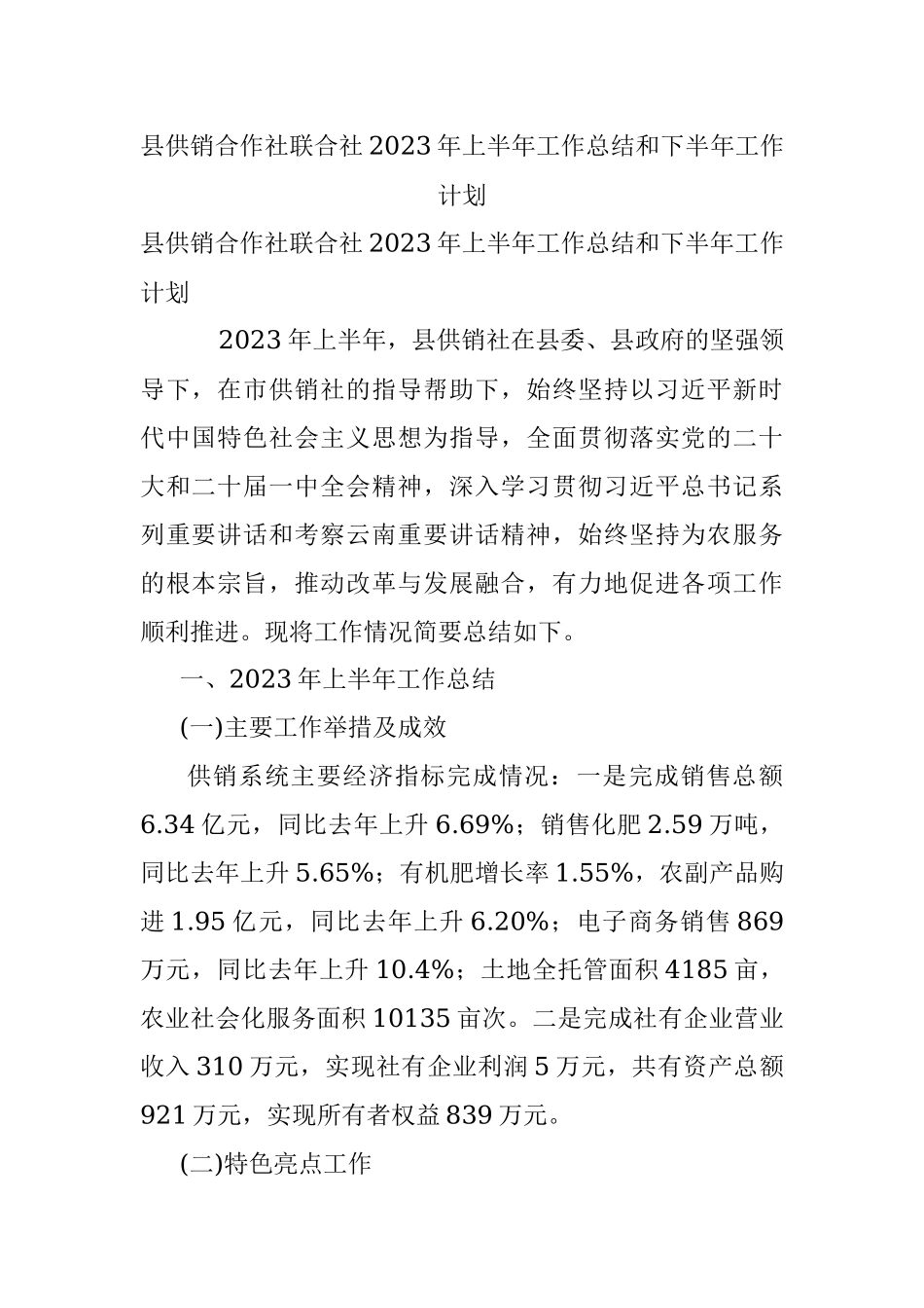 县供销合作社联合社2023年上半年工作总结和下半年工作计划.docx_第1页