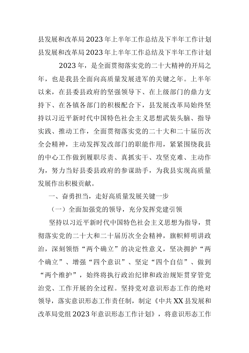 县发展和改革局2023年上半年工作总结及下半年工作计划.docx_第1页