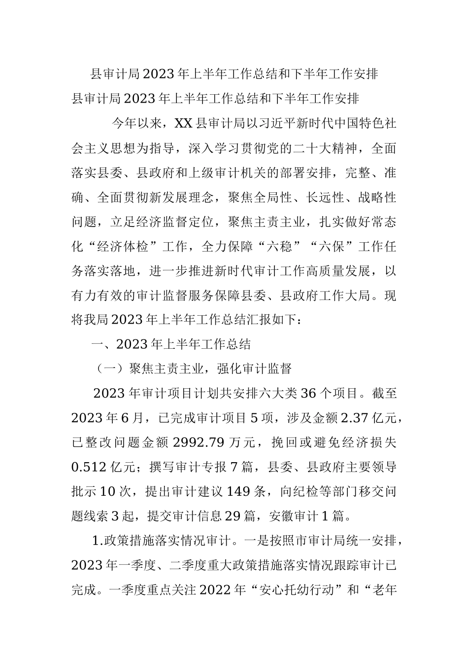 县审计局2023年上半年工作总结和下半年工作安排.docx_第1页
