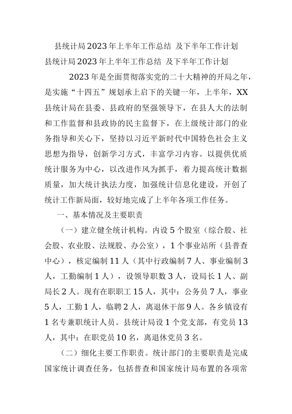县统计局2023年上半年工作总结 及下半年工作计划.docx_第1页
