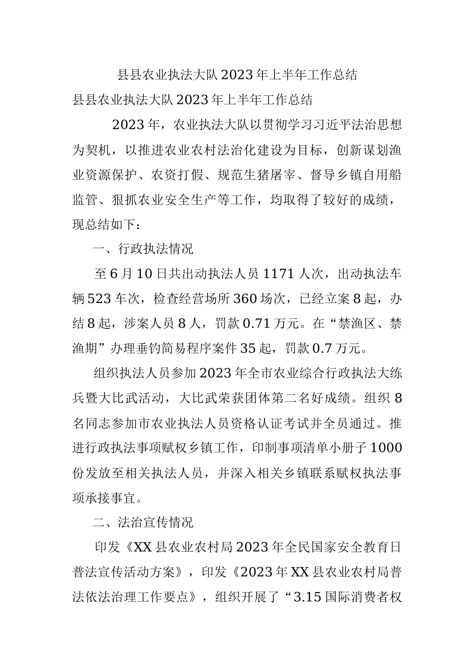 县县农业执法大队2023年上半年工作总结.docx_第1页