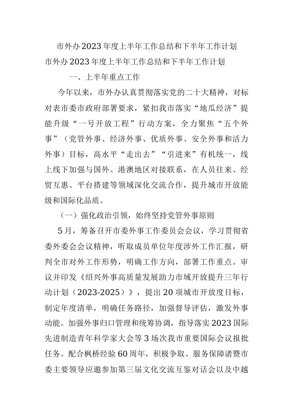 市外办2023年度上半年工作总结和下半年工作计划.docx_第1页