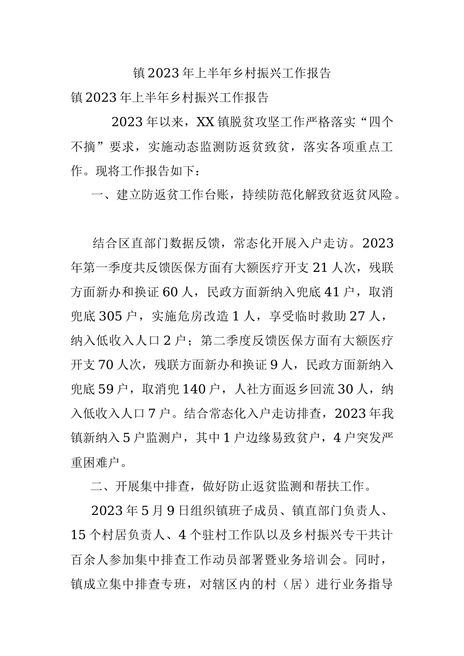 镇2023年上半年乡村振兴工作报告.docx_第1页