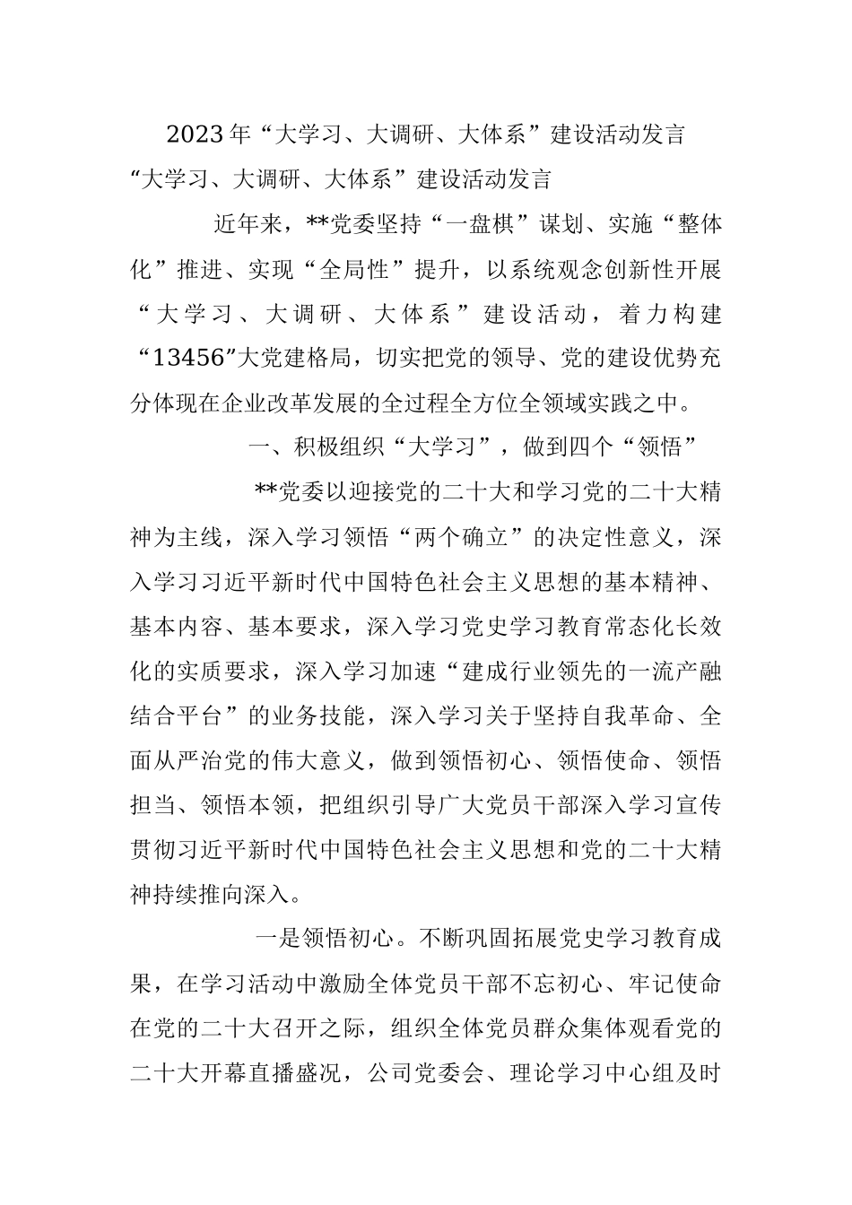 2023年“大学习、大调研、大体系”建设活动发言.docx_第1页