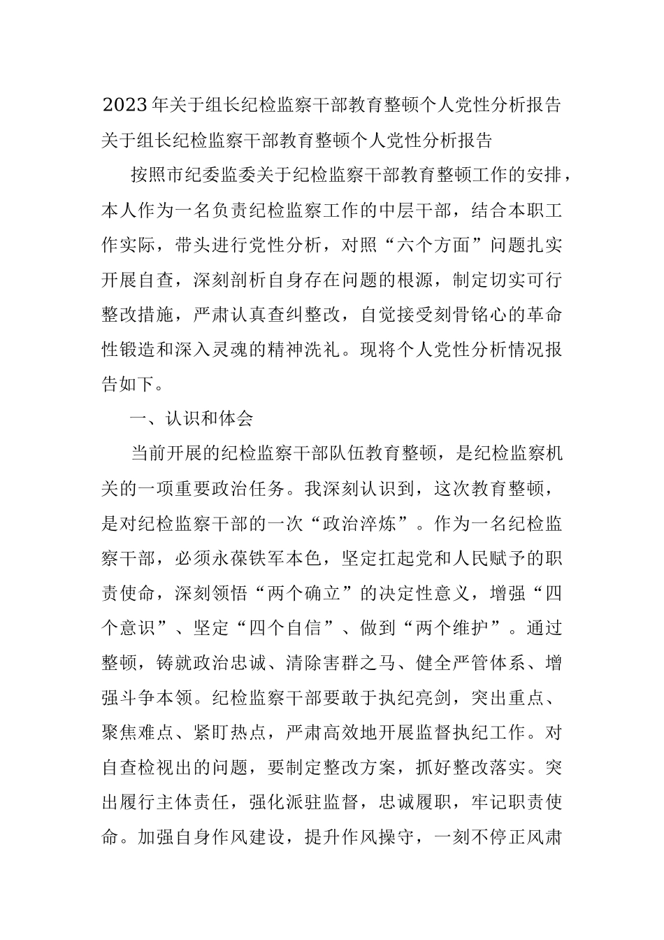 2023年关于组长纪检监察干部教育整顿个人党性分析报告.docx_第1页