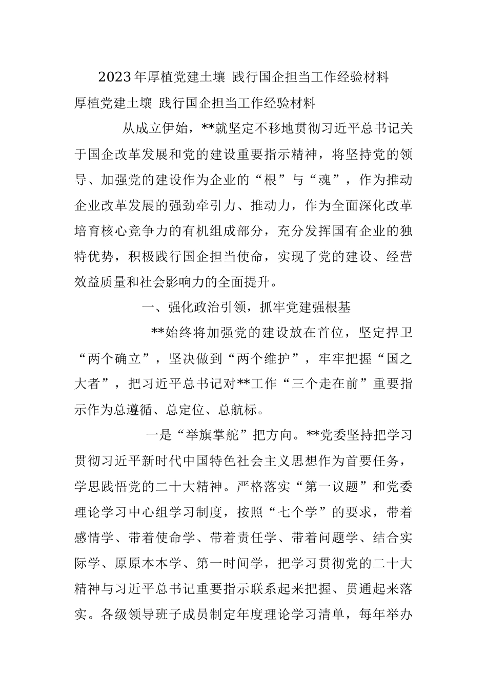 2023年厚植党建土壤 践行国企担当工作经验材料.docx_第1页