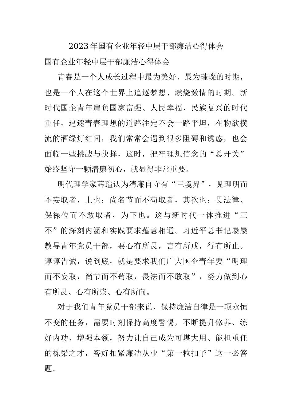 2023年国有企业年轻中层干部廉洁心得体会.docx_第1页